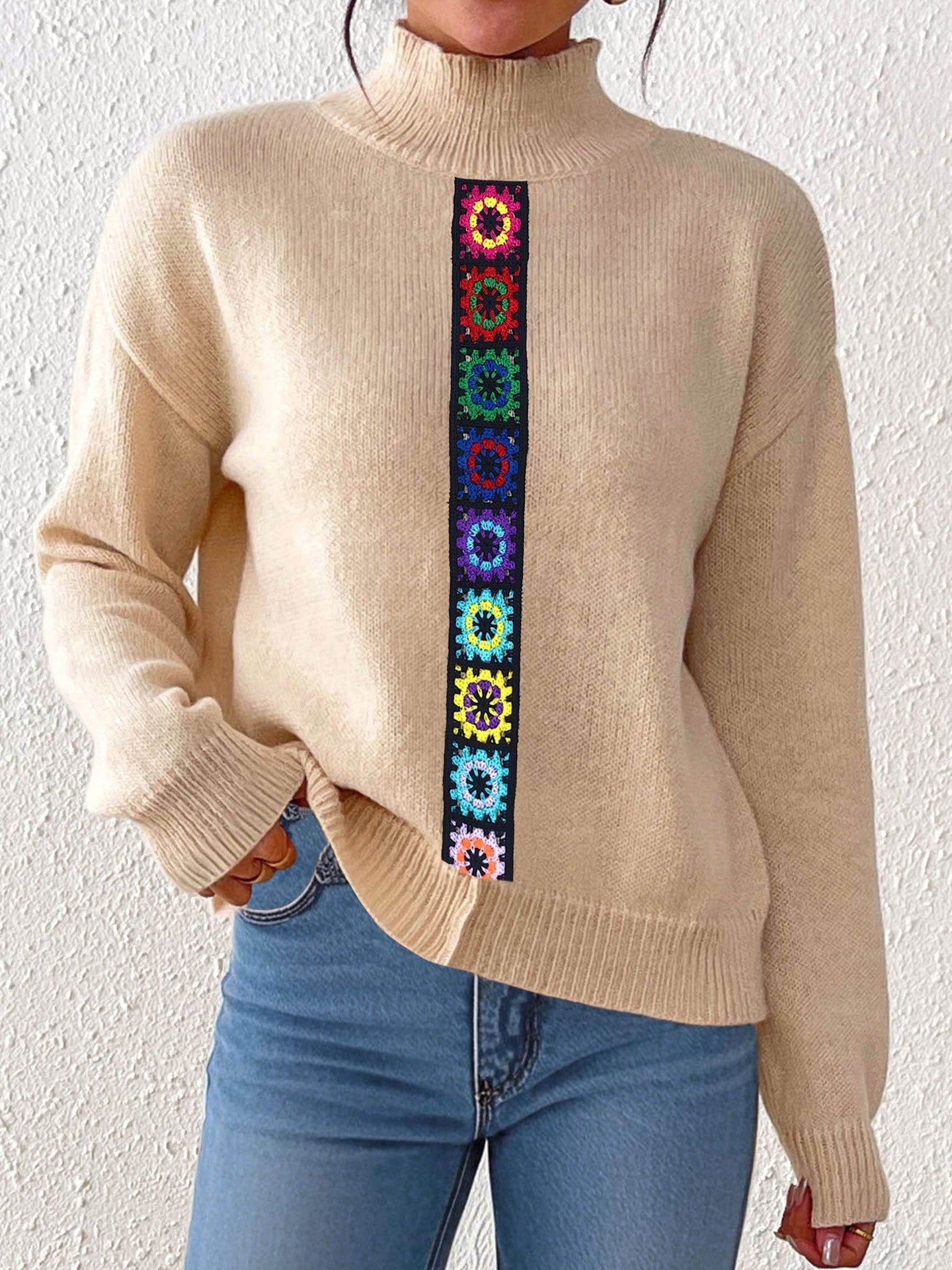 Women Clothing Personality Color Random Imitation Hand Crocheted Stitching Woven Top Pullover Sweater Bella Mia