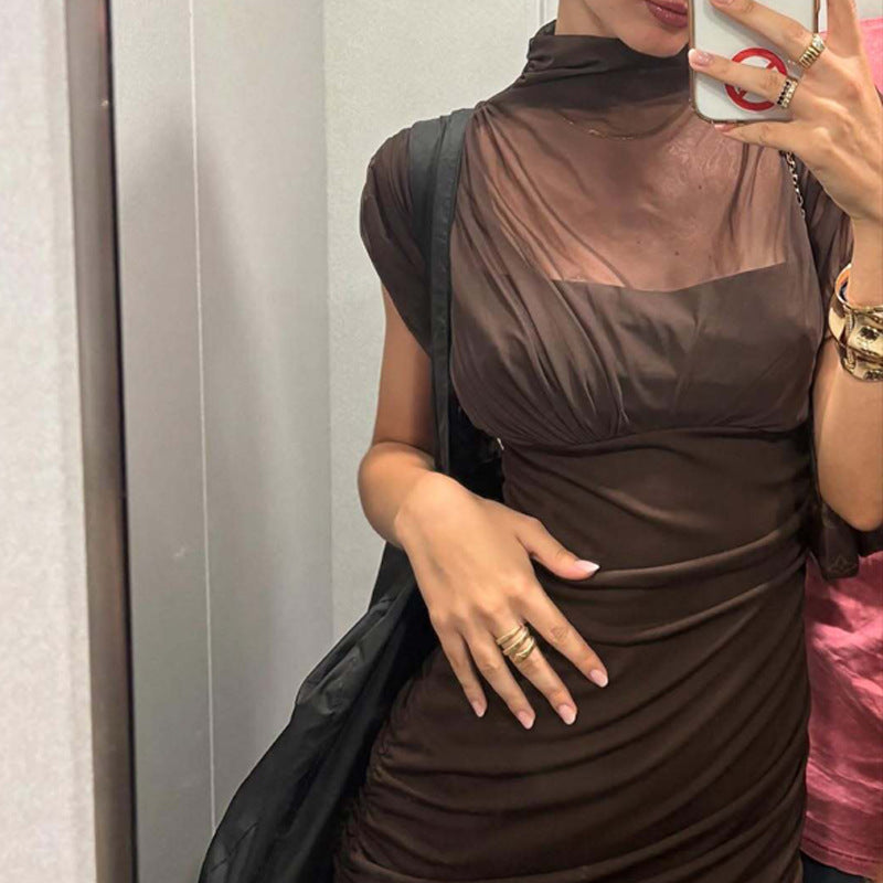Sexy Socialite Tight Waist Close Fitting Stitching Gauzy Package Hip Maxi Dress for Women Bella Mia
