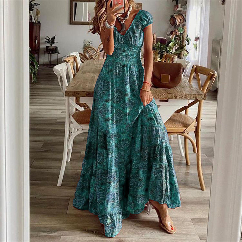 Bohemian Summer Maxi Dress High Waist V Neck Floral Print Large Swing Dress