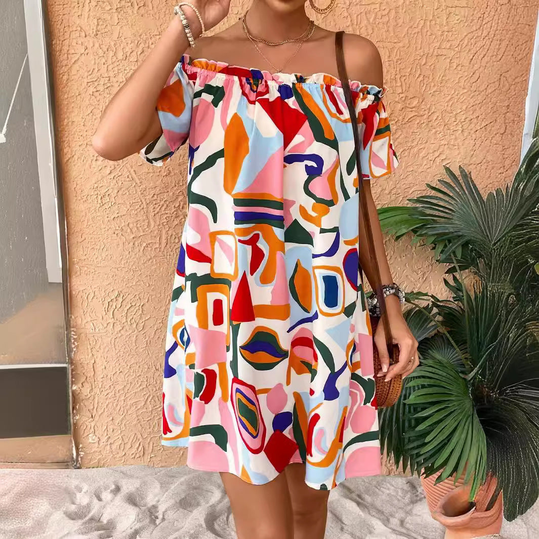 Summer Elegant Ladies Tropical Printing off the Shoulder Dress