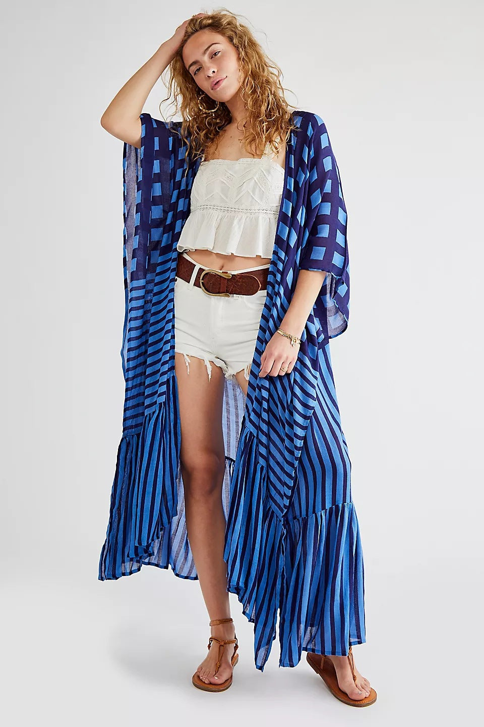Rayon Plaid Vertical Print Cardigan Holiday Casual Beach Bikini Cover Attached Rope Bella Mia