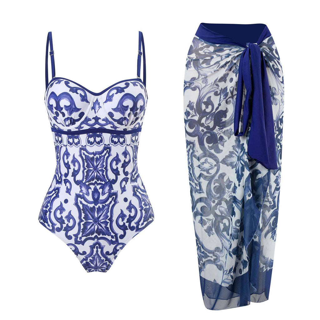 One Piece Swimsuit Women Skinny Slimming Vintage Printed Chiffon Dress with Steel Bracket Hard Bag Swimsuit Bella Mia
