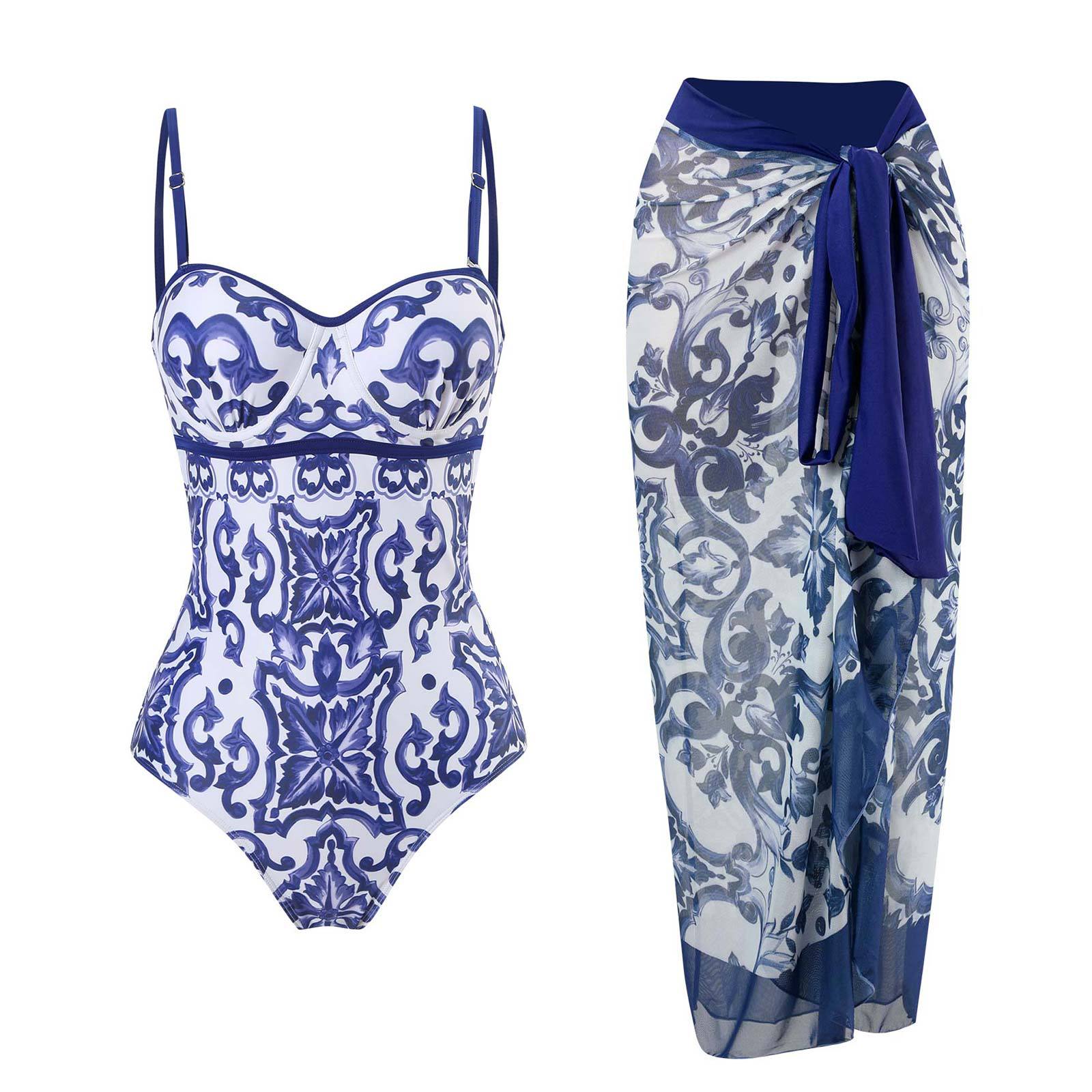 One Piece Swimsuit Women Skinny Slimming Vintage Printed Chiffon Dress with Steel Bracket Hard Bag Swimsuit Bella Mia