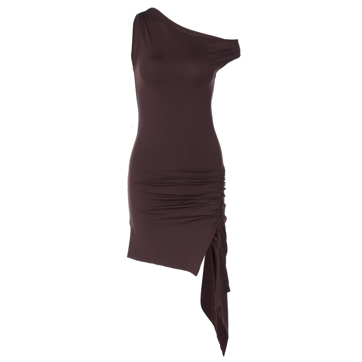 Spring Women Clothing Solid Color Diagonal Collar One Shoulder Irregular Asymmetric Ruffle Hip Dress Women Bella Mia