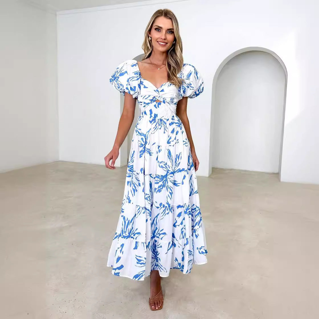 Spring Women Fashionable Elegant Puff Sleeve V neck Hollow Out Cutout out Printed Dress for Women Bella Mia