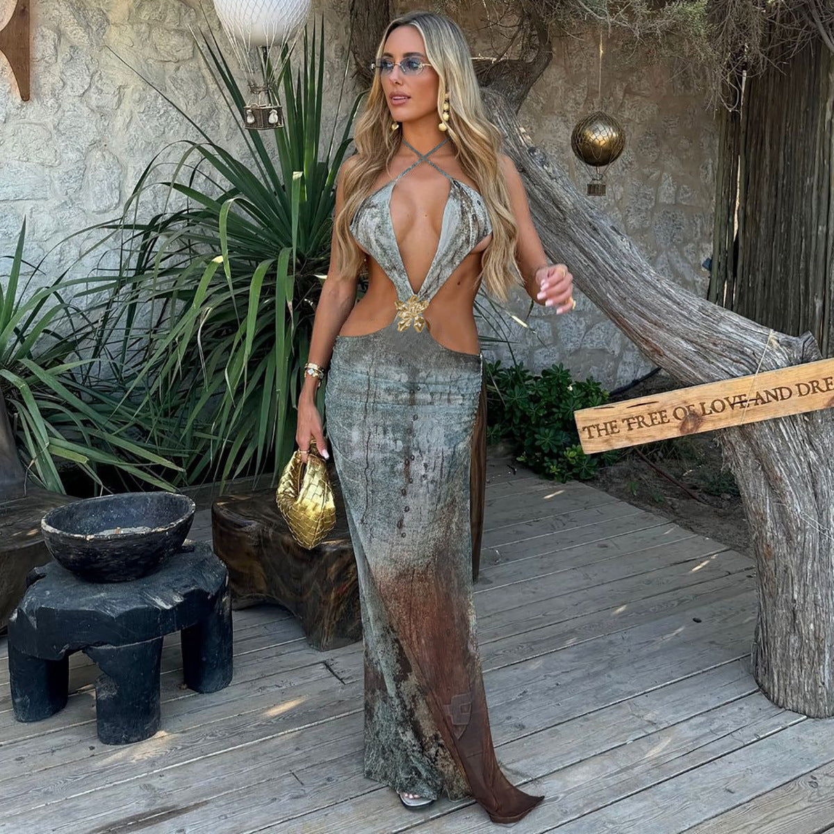 Women Summer Sexy Hollowed Printing Slim Fit Slit Dress Bella Mia