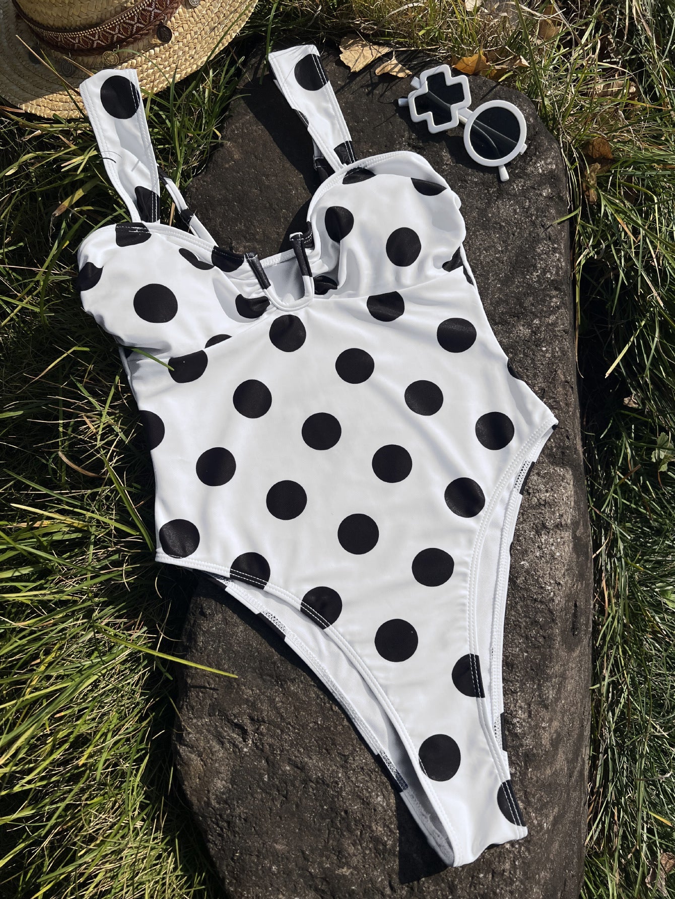 Ladies One Piece Dotted Prints U Neck One Piece Bikini Swimsuit Bikini