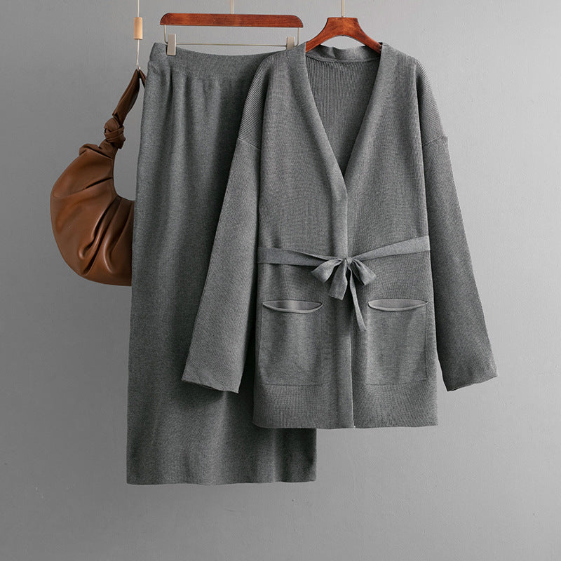 Women Autumn Winter V neck Loose Knitted Lace up Cardigan Skirt Two Piece Set Bella Mia