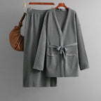 Women Autumn Winter V neck Loose Knitted Lace up Cardigan Skirt Two Piece Set Bella Mia