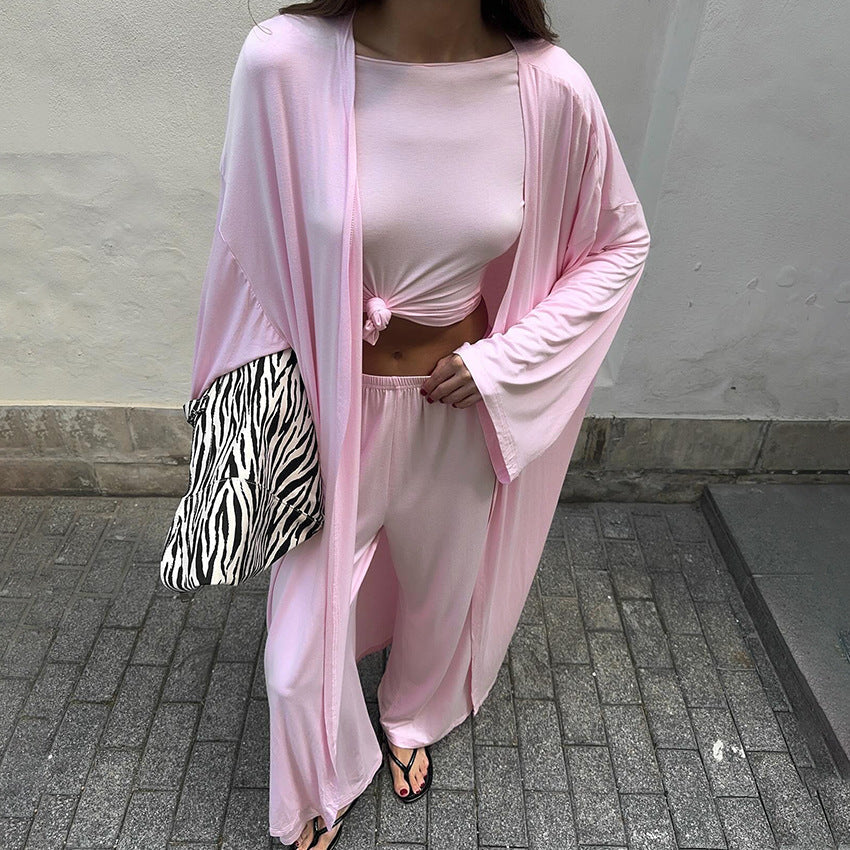 Summer Pajamas Three Piece Knitted Solid Color Top Trousers Loose Comfortable Home Wear Bella Mia