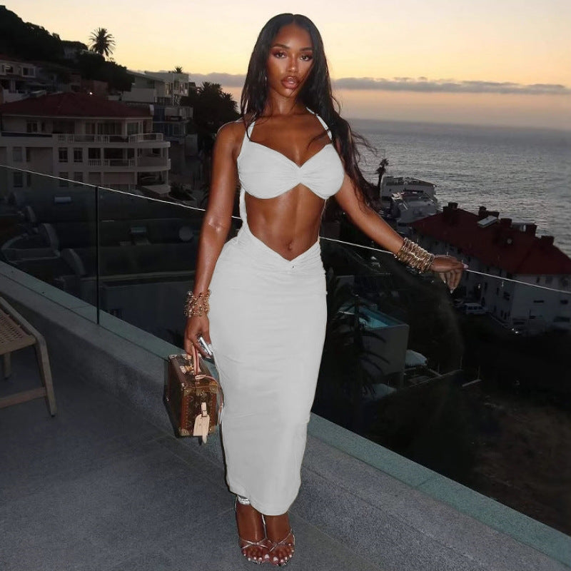 Summer Sexy Solid Color Halter Hollow Out Cutout Sleeveless Slim Fit Hip Dress Bella Mia