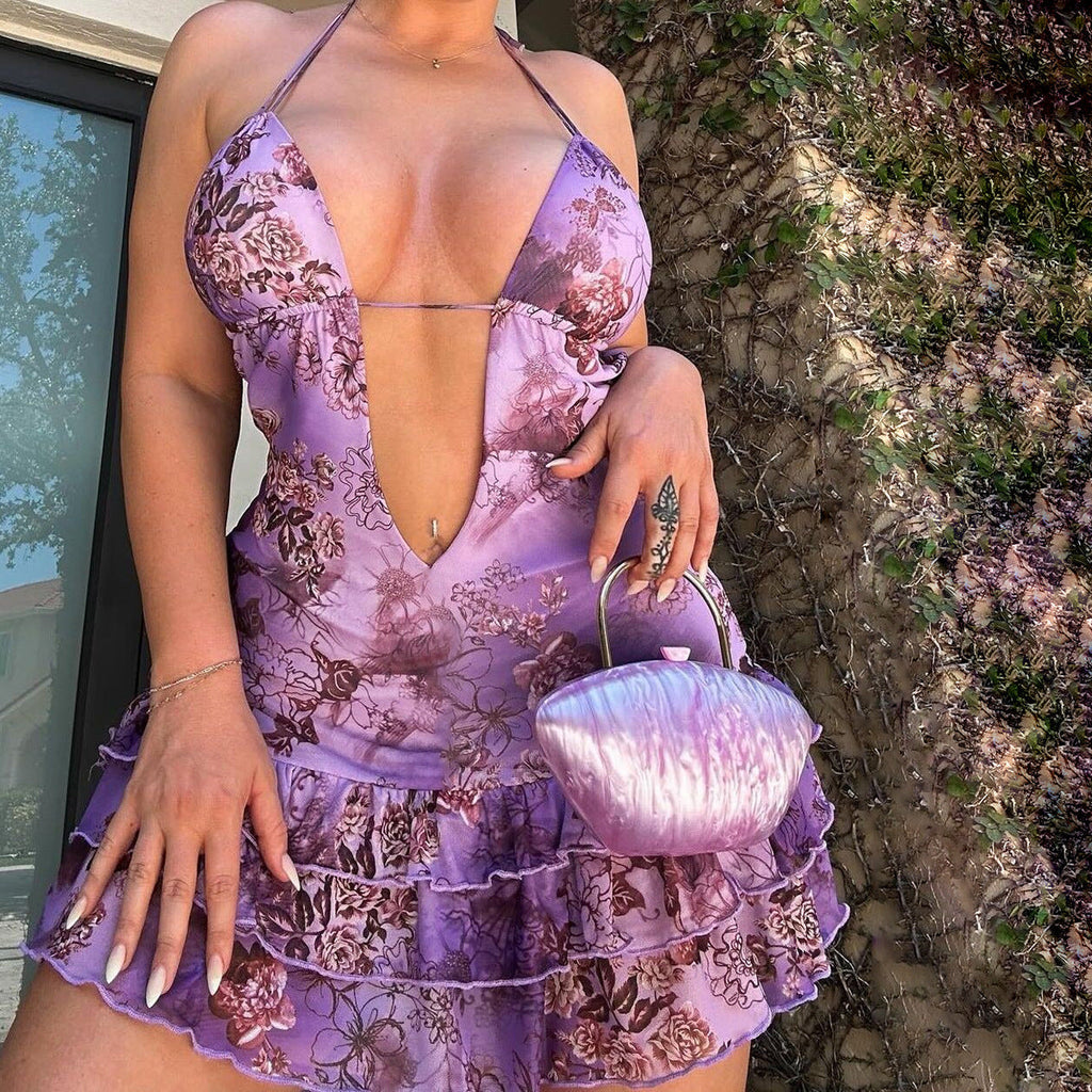 Women Clothing Summer Sexy Deep V Plunge Neck Backless Lace Dress Bella Mia