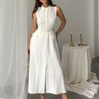 Summer Autumn Arrival Solid Color Sleeveless Belt Pearl Buckle Slim Fit Slit Office Dress Bella Mia
