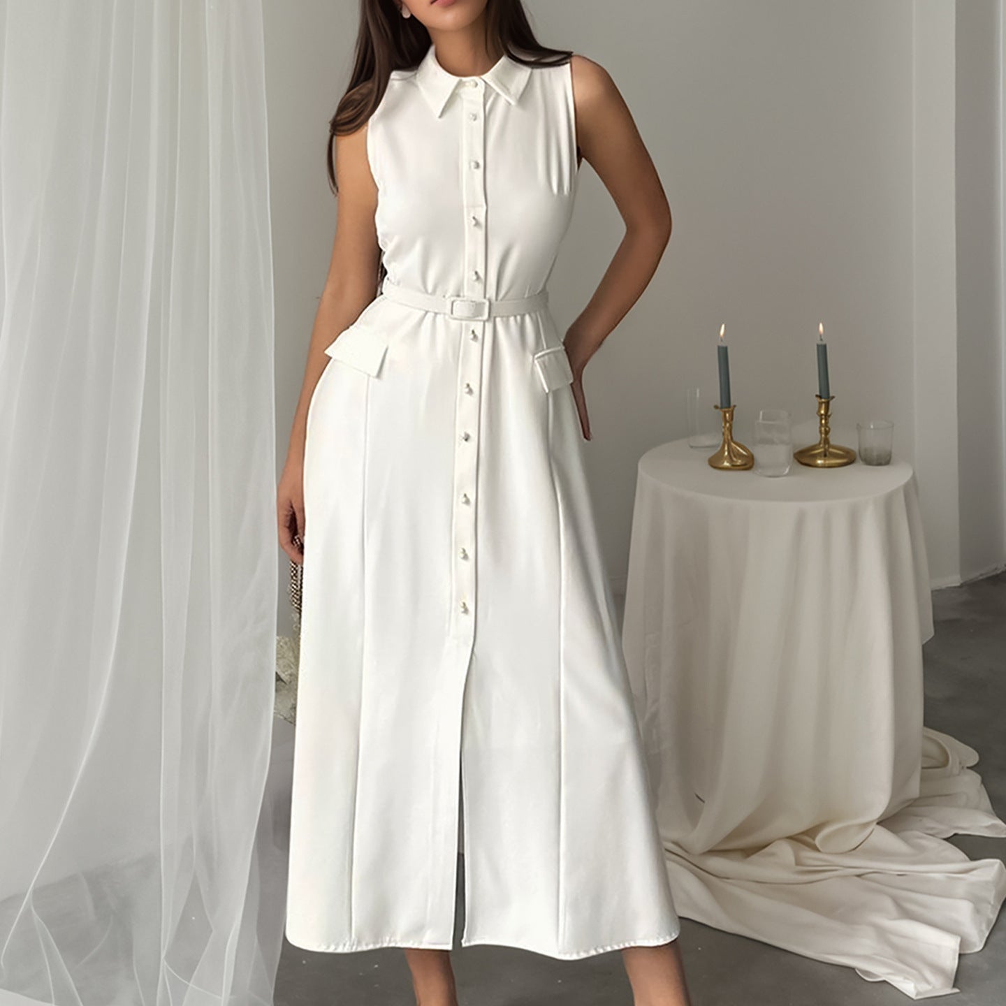 Summer Autumn Arrival Solid Color Sleeveless Belt Pearl Buckle Slim Fit Slit Office Dress Bella Mia