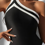 One Shoulder Color Block Jumpsuit Women Cover Belly Conservative Bikini Beach Spring Swimsuit Bella Mia