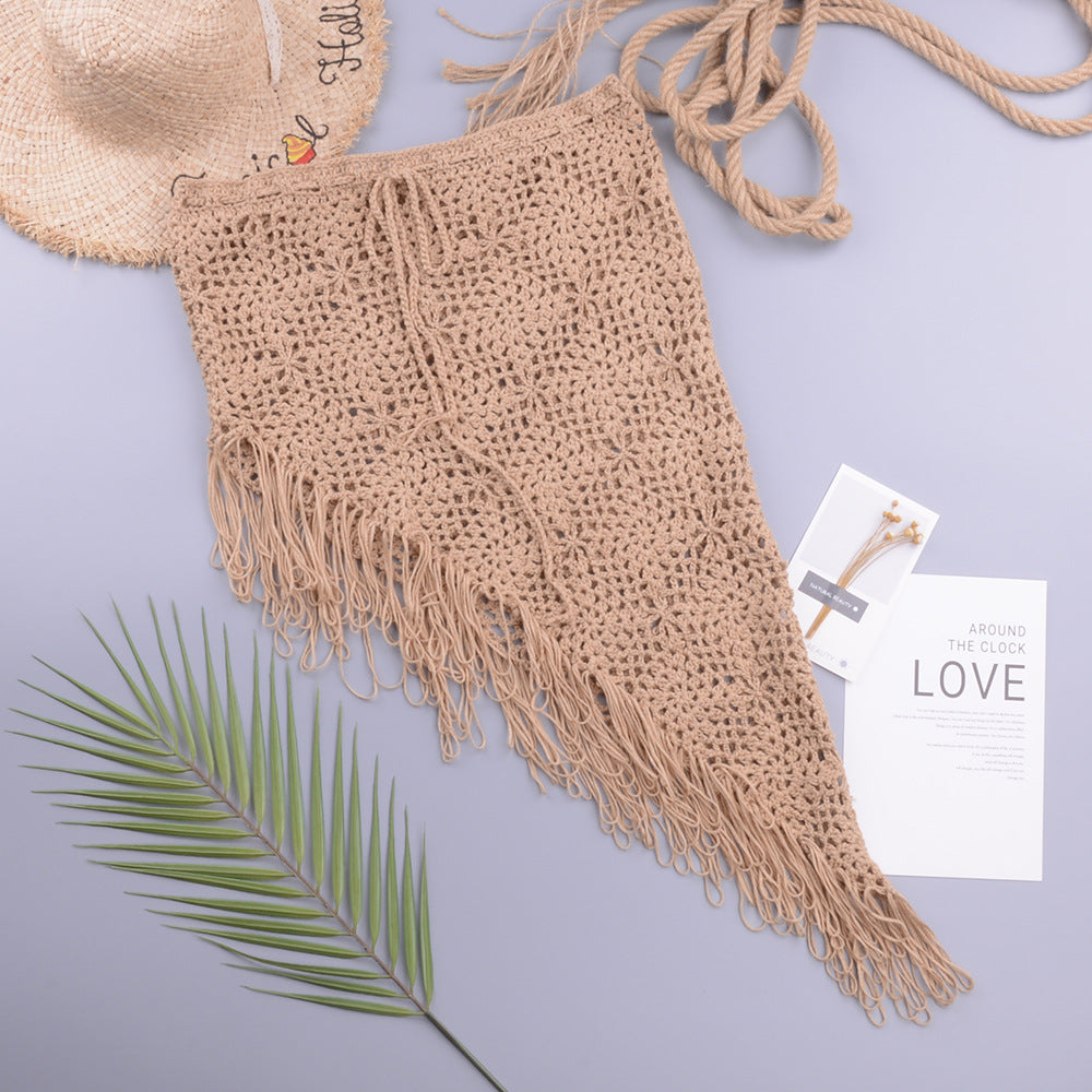Spring Summer Women Clothing Sexy See-through Hollow Out Cutout Knitted Dress Open Oblique Tassel Beach Skirt Bella Mia