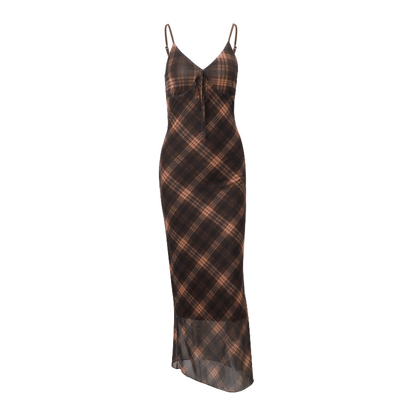 Summer Retro Plaid Sexy Socialite Slim Strap Dress Women Bella Mia