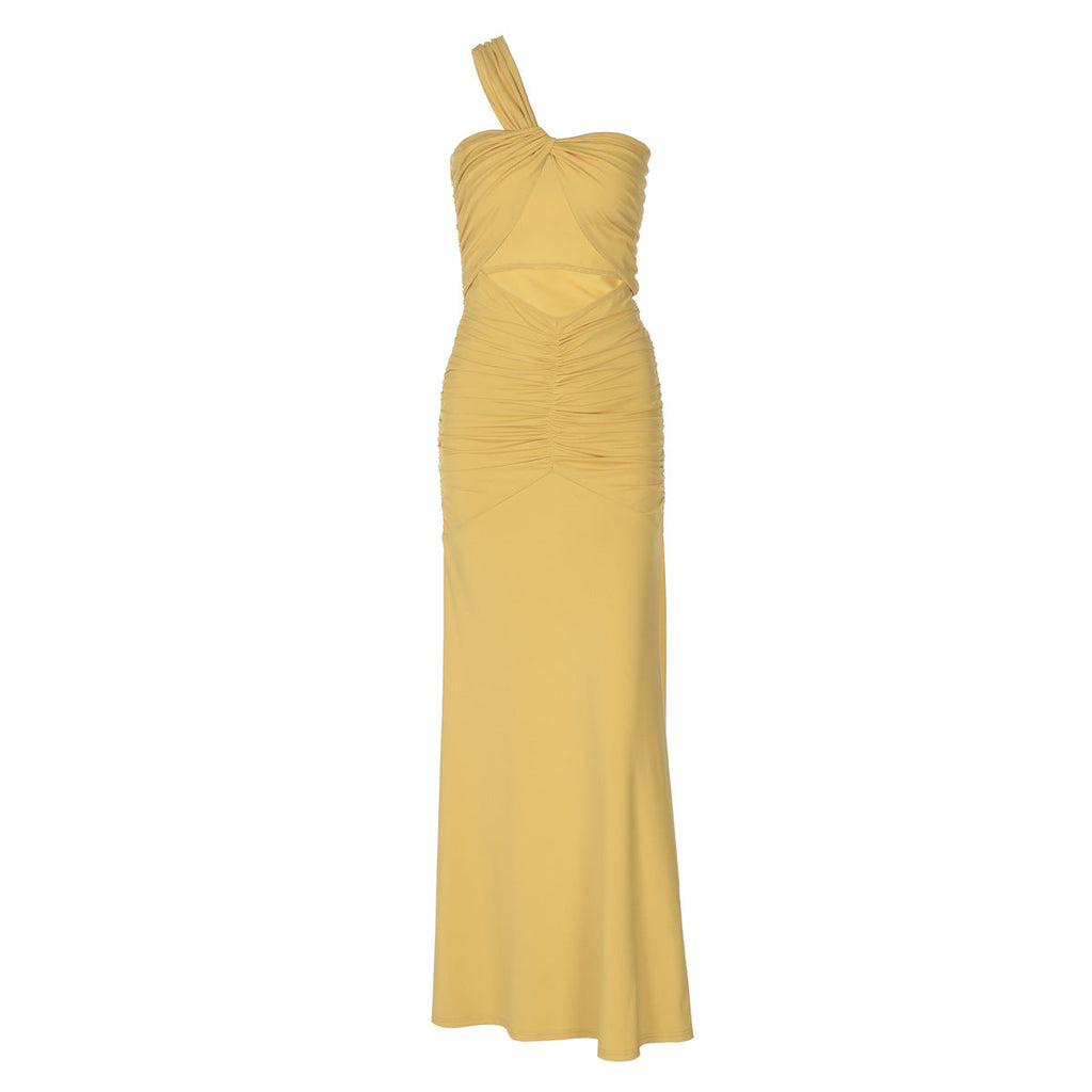Summer Women Clothing Solid Color One Shoulder Sexy Cutout Pleated Slim Fit Dress Bella Mia