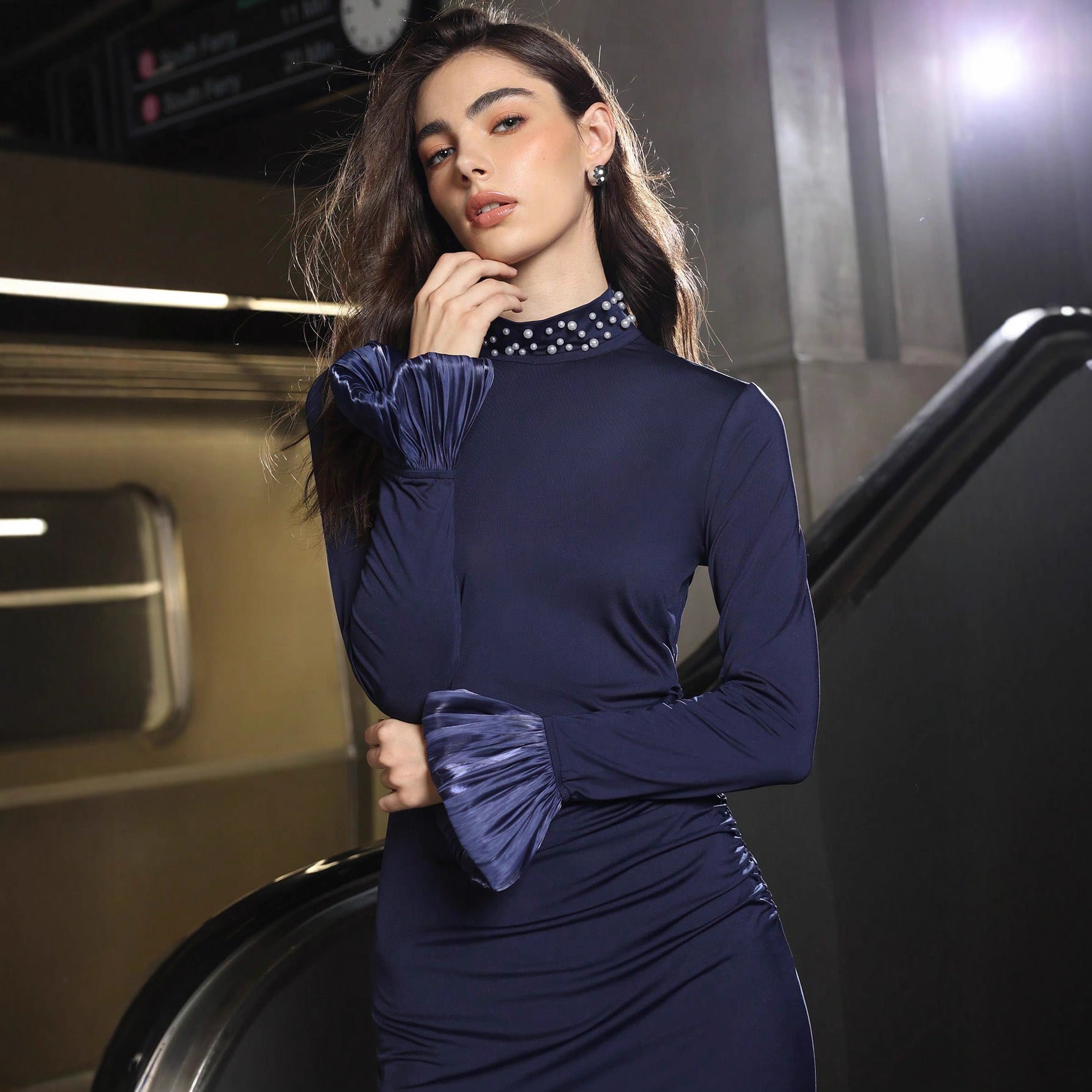 Women Clothing Arrival Slim Pearl Stand Collar Long Sleeve Dress Women Party Dress Bella Mia