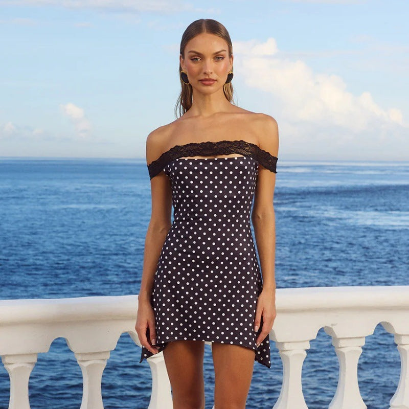 Women Clothing Summer Sexy off Neck Lace Polka Dot Print Slim Fit Sheath Dress Bella Mia