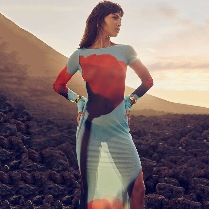 Summer Printed Round Neck Dress Women Sexy Mesh See through Split Dress Bella Mia
