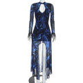 Women Clothing Autumn Printing Color Contrast Mesh Plush Long Sleeve Hollow Out Cutout-out Slim Fit Maxi Dress