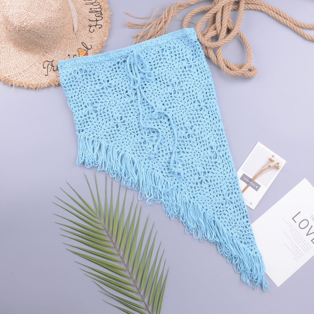 Spring Summer Women Clothing Sexy See-through Hollow Out Cutout Knitted Dress Open Oblique Tassel Beach Skirt Bella Mia