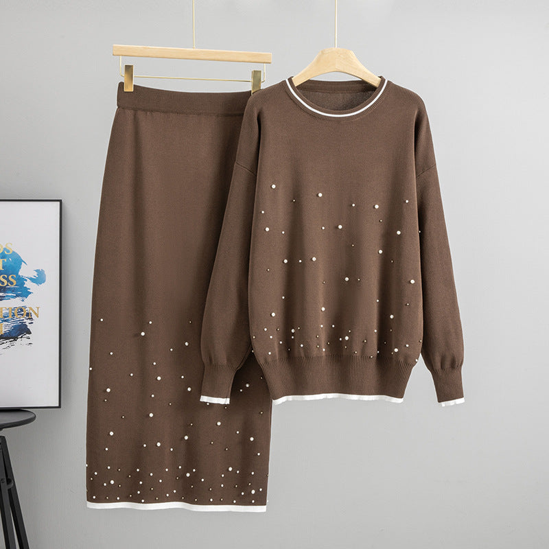 Fall Winter High Waist Loose Slimming Heavy Industry Beads Knitted Top Half Length Two Piece Sets Bella Mia