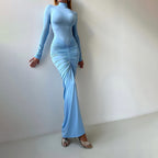 Women Clothing Autumn Solid Color Elegant Slim Slimming Pleated Turtleneck Long Sleeve Dress Bella Mia
