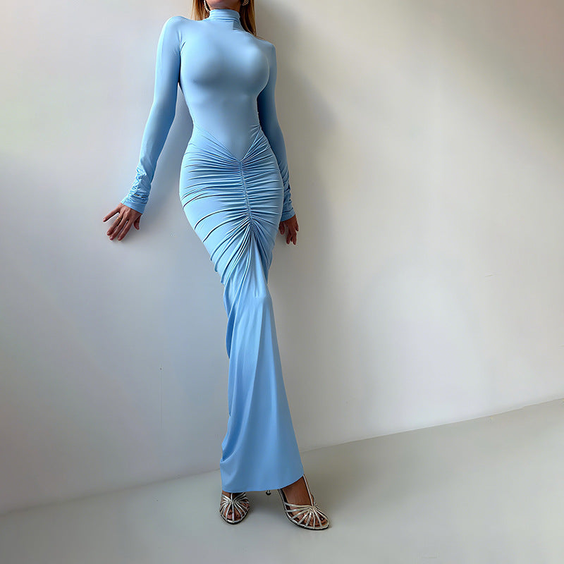 Women Clothing Autumn Solid Color Elegant Slim Slimming Pleated Turtleneck Long Sleeve Dress Bella Mia