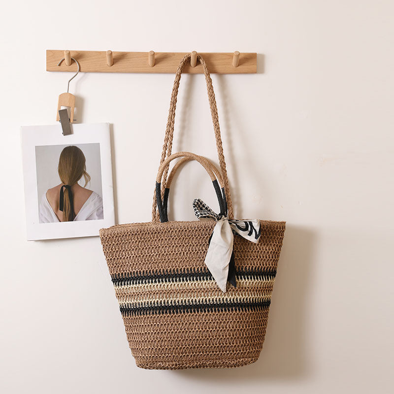 Striped Shoulder Straw Bag Silk Scarf Woven Tote Women Seaside Vacation Beach Bag Bella Mia
