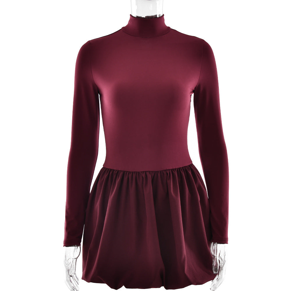 Elegant Slim Fit Women Dress Sexy Turtleneck Long Sleeved Tight Waist Pleated A line Dress Bella Mia