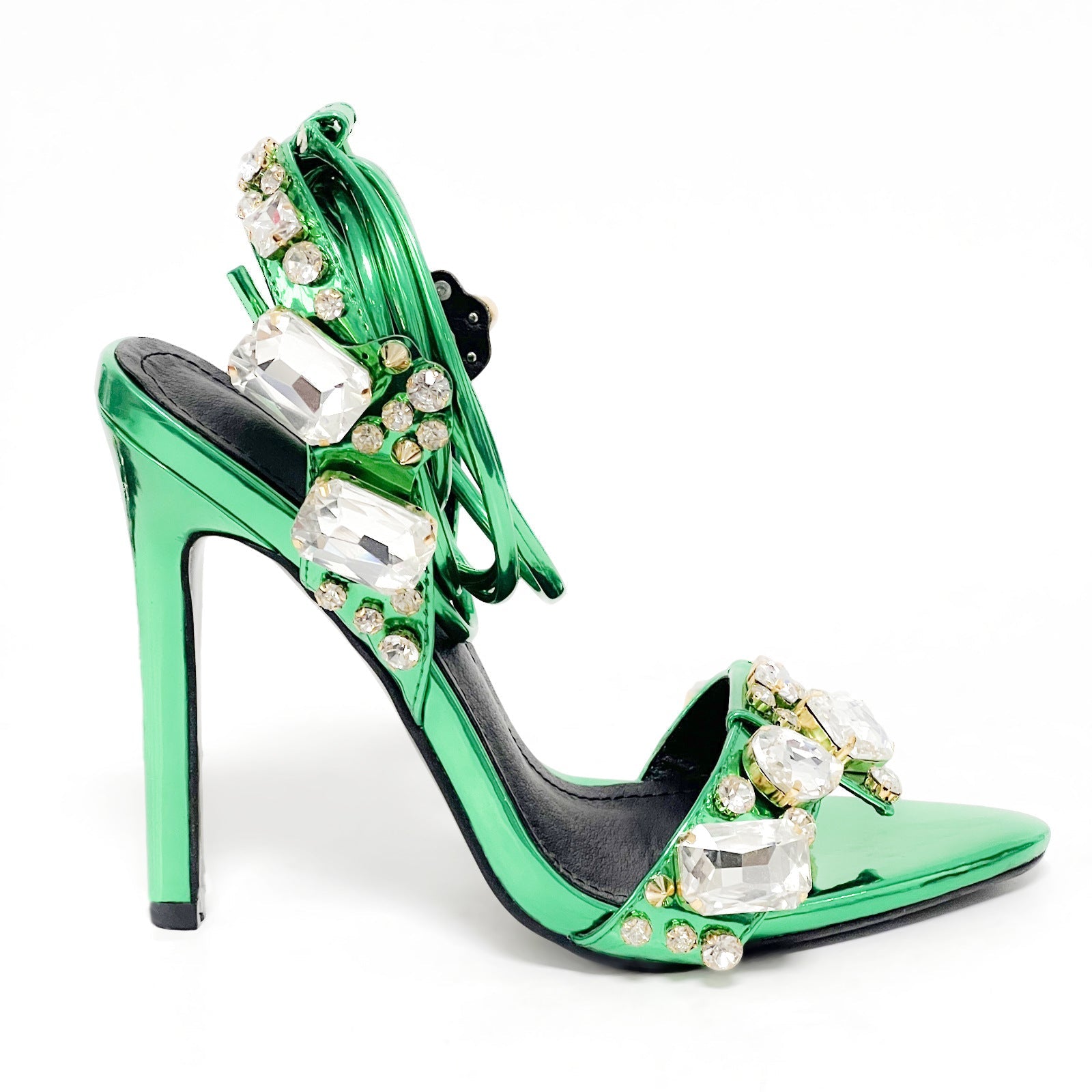 11cm Pointed Gold Rivet Rhinestone Stiletto Heels Summer Sandals Shoes