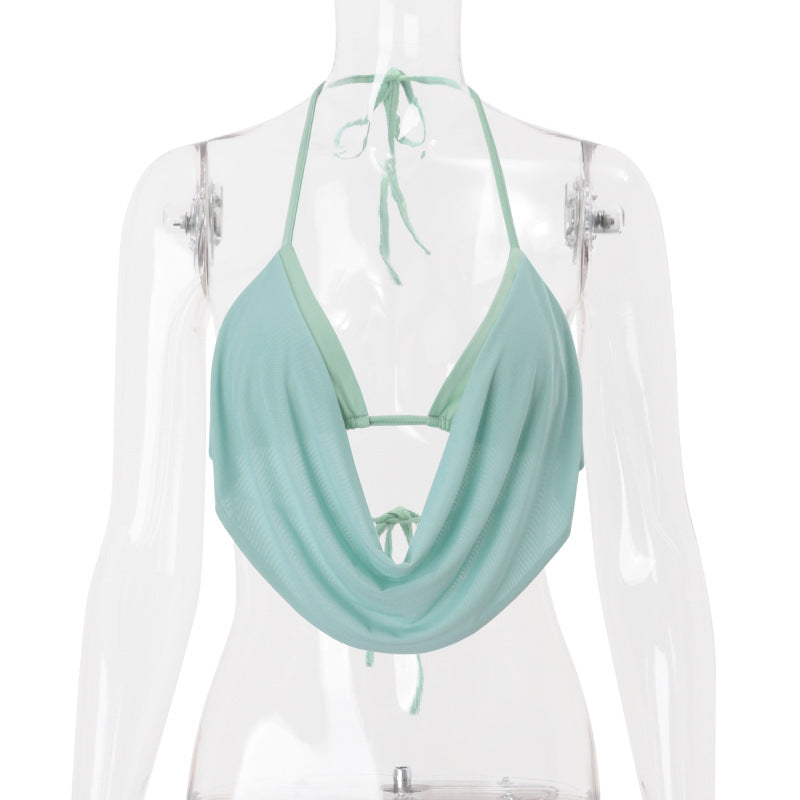 Women Clothing Summer Sexy Hollow Out Cutout out Halter Lace up Solid Color Short Vest Top Bella Mia