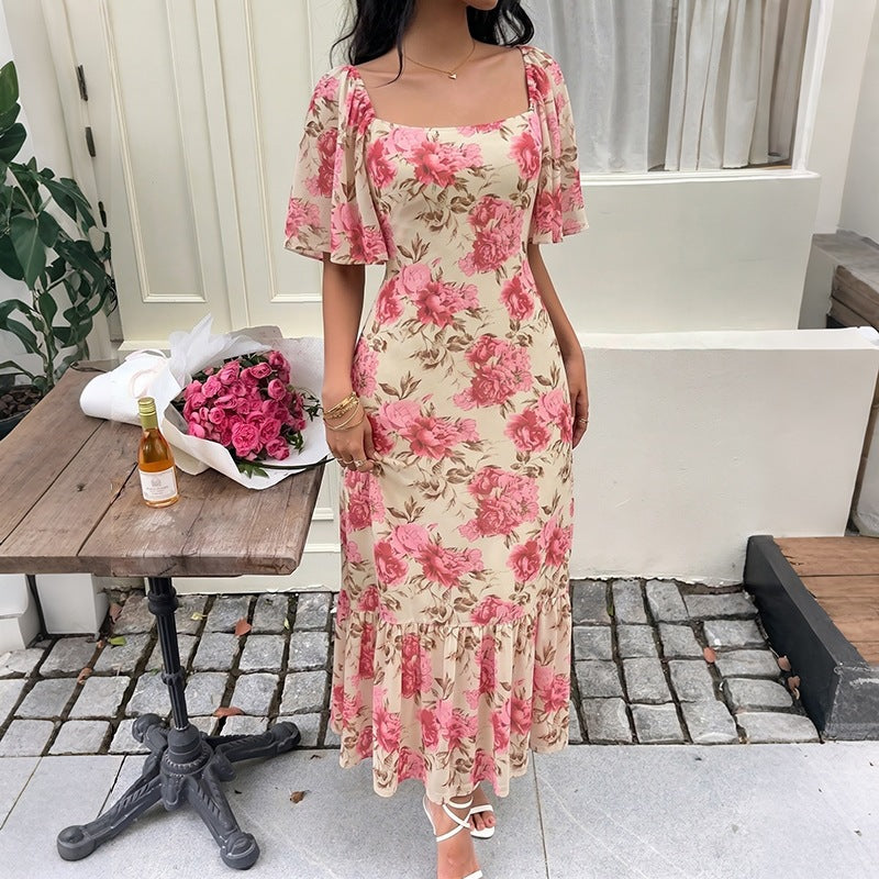 Square Collar Hip Dress Summer Ruffle Sleeve Evening Dress Lace up Backless Slim Mesh Dress