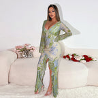 Autumn Maxi Dress Elegant Slim Print Irregular Asymmetric Hem Dress Women Bella Mia