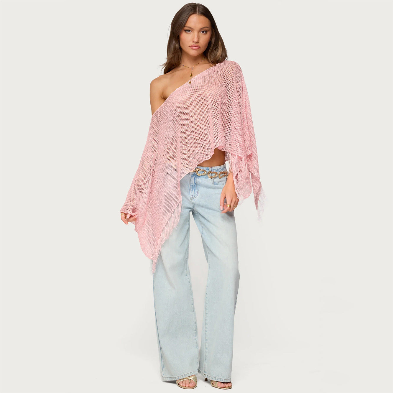 Summer Sexy Hollow Out Cutout out Sexy Diagonal Collar Inverness Irregular Asymmetric Design Knitted Blouse Bella Mia