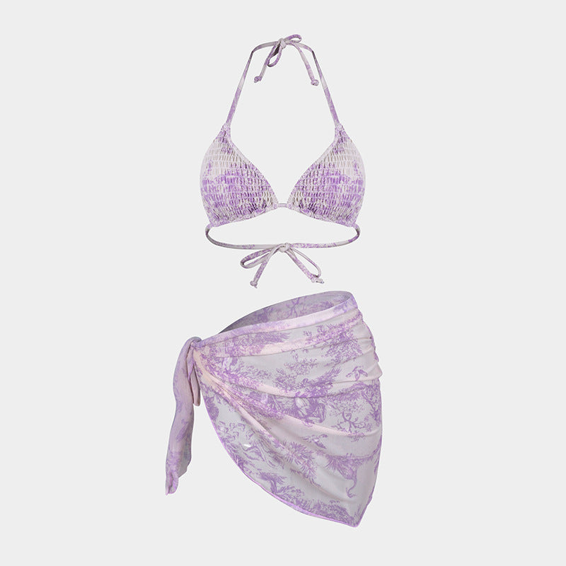 Printed Bikini Three Piece Gauze Skirt Split Sexy Vacation Bikini Swimsuit Bella Mia