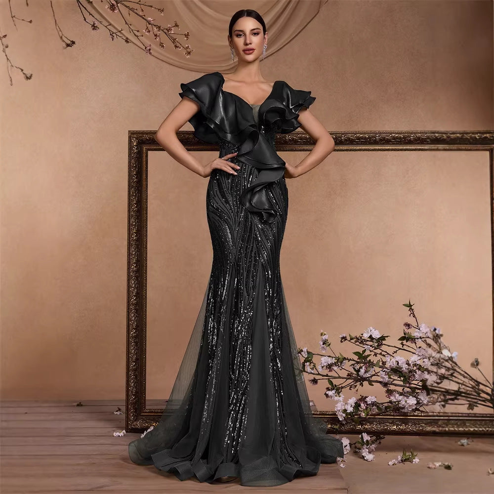 Elegant Ruffle Sleeve Sequin Elegant Cocktail Party Dinner Dress Backless Luxury Fishtail Graduation Evening Bella Mia