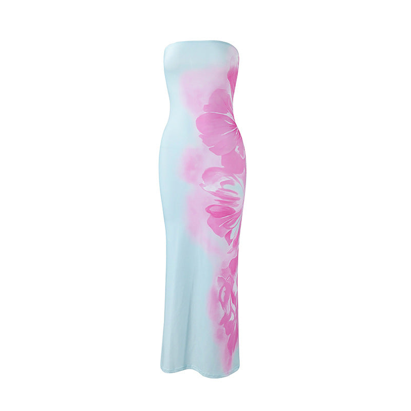 Women Clothing Summer Sexy Bandeau Slim Fit Printing Color Contrast Backless Sheath Dress Bella Mia