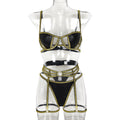 Sexy Underwear Three-Piece Set Gold Silver Silk Line Faux Leather Stitching Sexy Suit Women Bella Mia