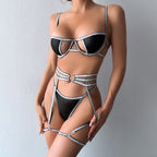 Sexy Underwear Three-Piece Set Gold Silver Silk Line Faux Leather Stitching Sexy Suit Women Bella Mia