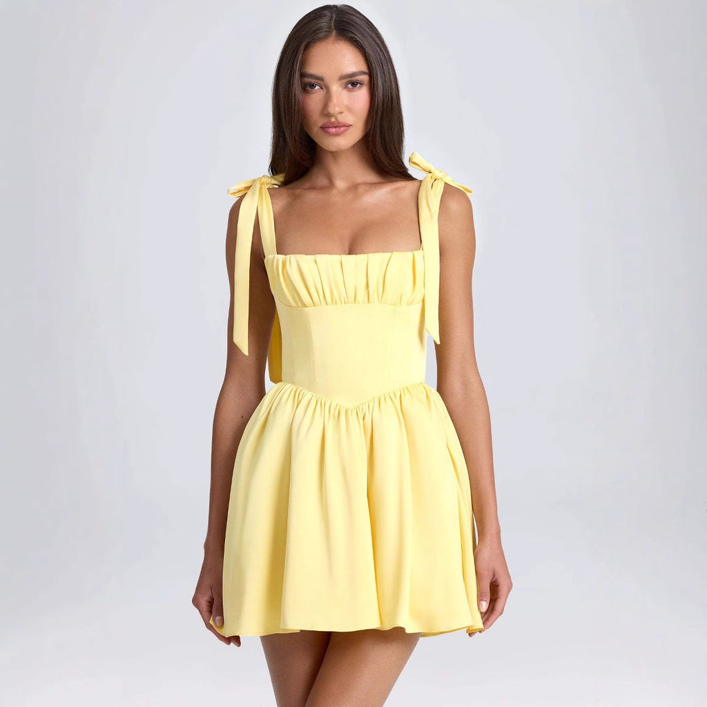 Summer Women Clothing Square Collar High Waist Ruched Stitching Strap Suspenders Puff Dress Bella Mia