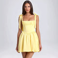 Summer Women Clothing Square Collar High Waist Ruched Stitching Strap Suspenders Puff Dress Bella Mia