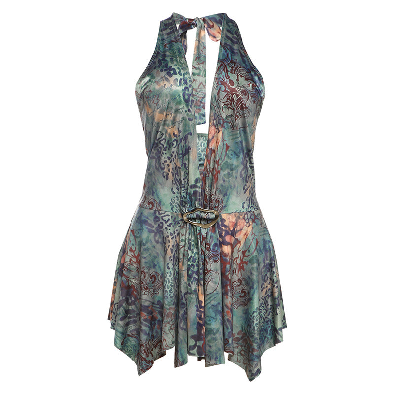 Summer Women Clothing Fashionable Elegant Sexy Halter Lace up Backless Slim Fit Printing Dress Bella Mia