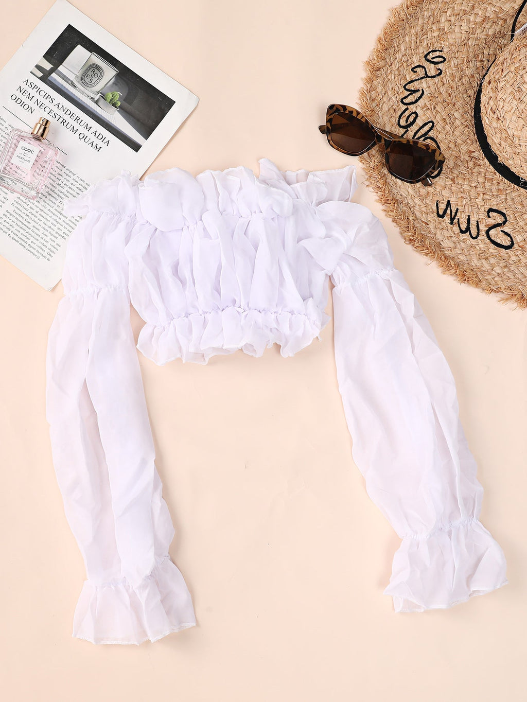 White Chiffon Long-Sleeved Shirt Wrinkle Blouse Beach Swimsuit Women Bella Mia