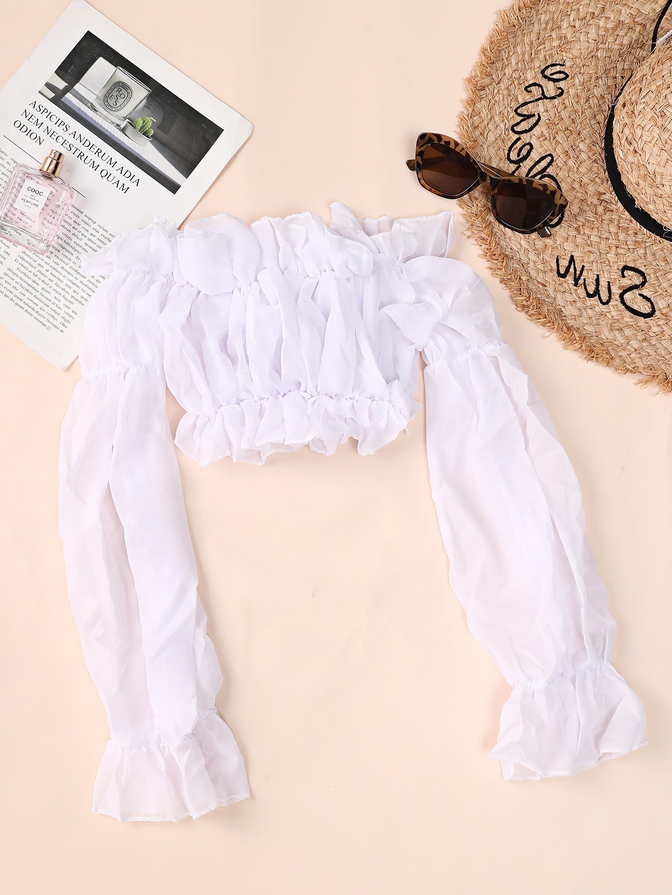 White Chiffon Long-Sleeved Shirt Wrinkle Blouse Beach Swimsuit Women Bella Mia