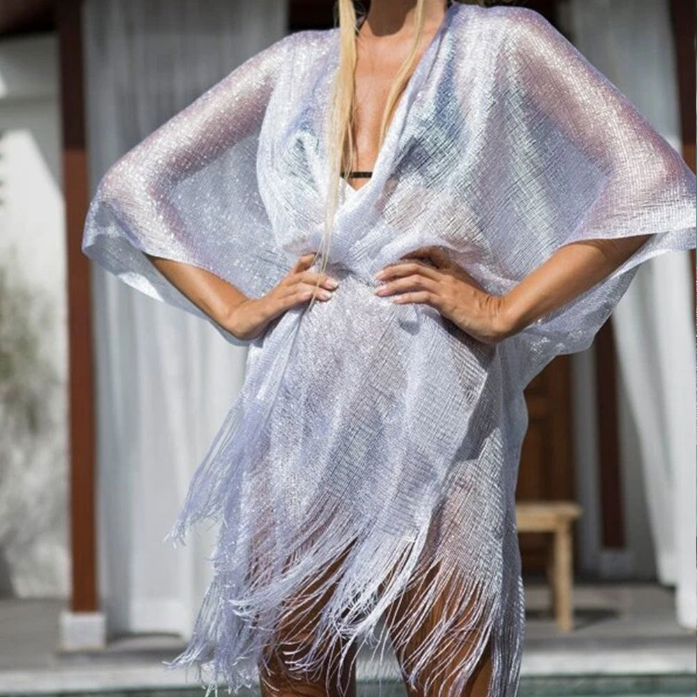 Mesh Gold Silver Silk Beach Cover-up See-through Vacation Sun Protection Cardigan Bikini Outer Overclothes Shirt Bella Mia
