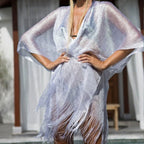 Mesh Gold Silver Silk Beach Cover-up See-through Vacation Sun Protection Cardigan Bikini Outer Overclothes Shirt Bella Mia
