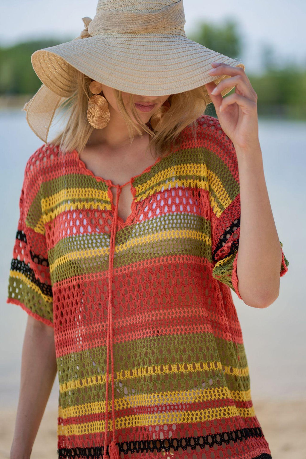 Knitted Color Stripes Beach Cover-up Sexy Hollow Out Cutout Vacation Sun Protection Shirt Bikini Swimsuit Blouse Bella Mia